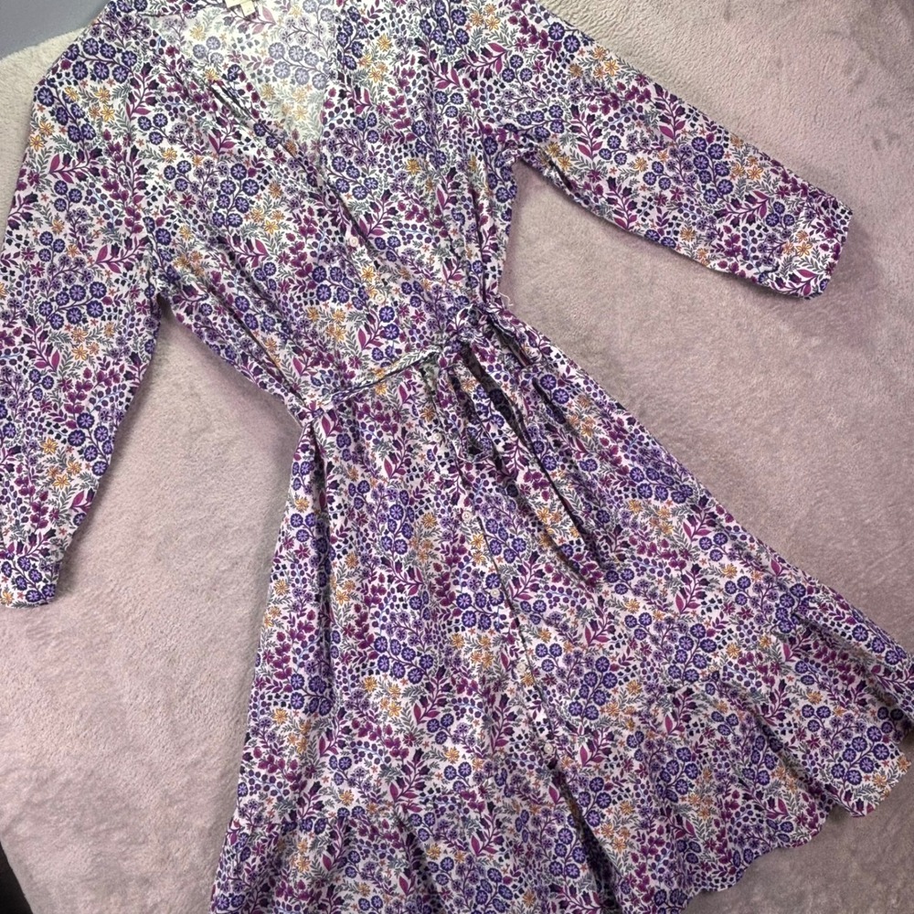 Talbots Women Dress 14 Purple Floral Cotton Button Front Tiered Midi Tie Waist